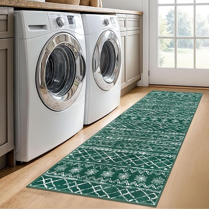 KUTA Christmas Washable Hallway Runner Rug, 2x6 Non-Slip Vintage Boho Rugs Kitchen Runners Green Ultra Soft Distressed Geometric Floor Carpet for Bedroom Laundry Living Room