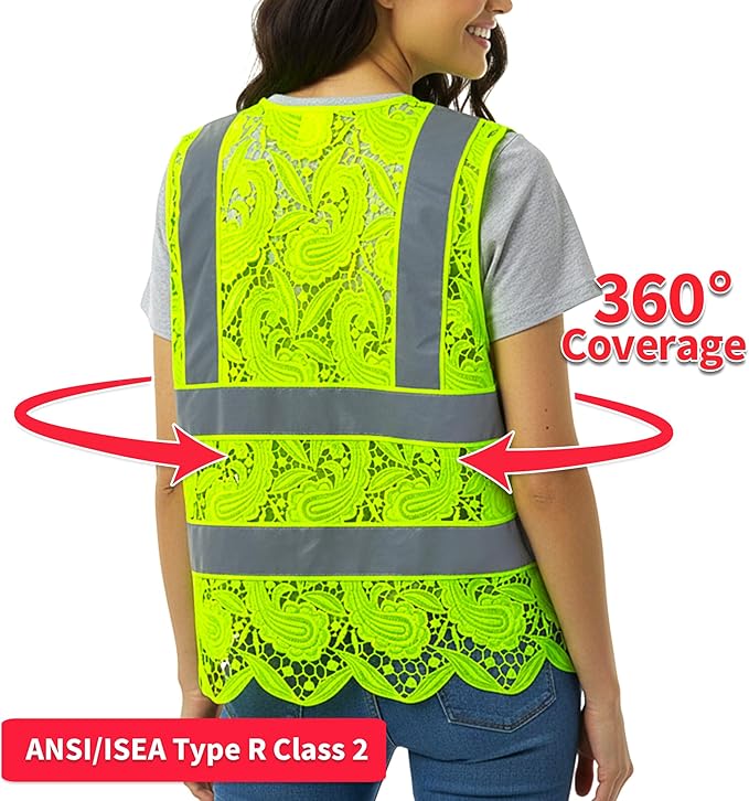 Lace-Mesh Safety Vest for Women & Men - Breathable, High Visibility Vest with Zipper & ANSI Class 2 Reflective Strips