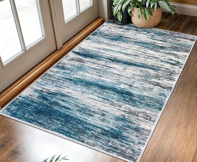 KOZYFLY Modern Abstract 3x5 Entryway Rug Non-Slip Washable Area Rug, Blue Throw Rugs Indoor Mat for High-Traffic Door Entrance, Kitchen, Laundry, Nursery, Soft Bedroom Living Room Accent