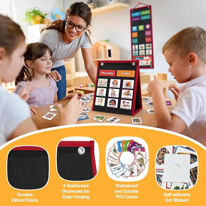 Visual Schedule for Kids Chore Chart，2 in 1 Daily Schedule Board Routine Pocket Chart Cards for Toddlers,Autism Learning Materials Tool Wall Planner for Home School with 103 Cards （Black）