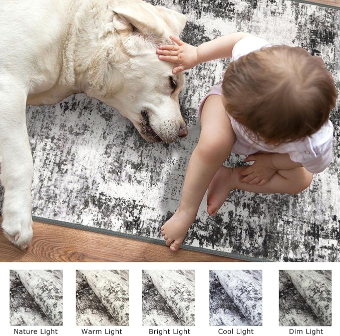 Modern Abstract Runner Rug for Bedroom 2x7, Black Grey Washable Kitchen Runner, Non-Slip Soft Thin Faux Wool Mat for Entryway, Hallway, Laundry Room Indoor