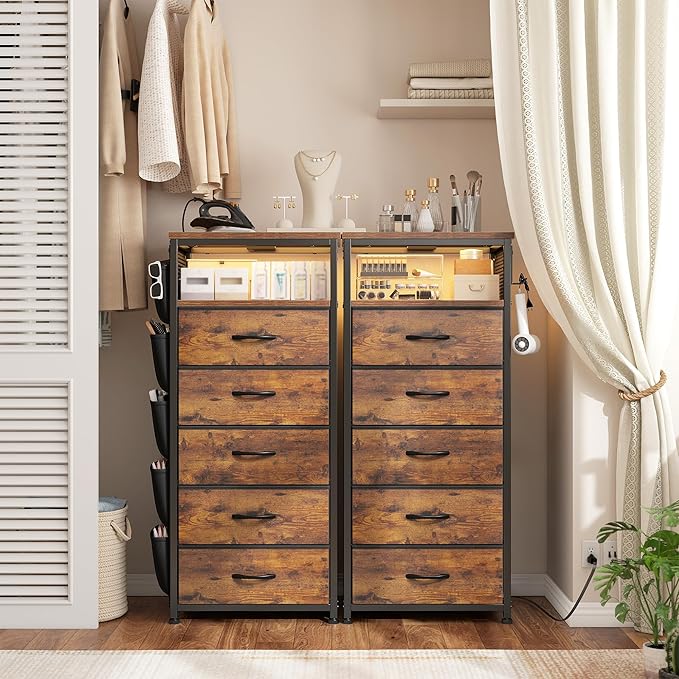 EnHomee Tall Night Stand Set 2 with 5 Drawers, LED Nightstand with Ports & Outlets, Bedside Table with Extra Side Bag & Storage Shelf & Hooks, Bedroom, Dorm, Closet