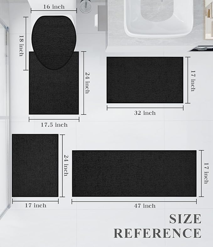 chakme Bathroom Rug Sets 5 Piece, Ultra Thin Bath Mat Quick Dry, Absorbent, Non Slip, Machine Washable, Black