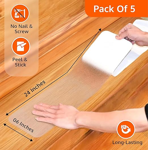 Premium Clear Grip Tape for Stairs 6” x 24”, Heavy Duty Anti Slip Tape - Waterproof Stair Treads for Wooden Steps, Concrete, etc., Works on All Surfaces & in Any Weather, Conveniently Precut (5-Pack)