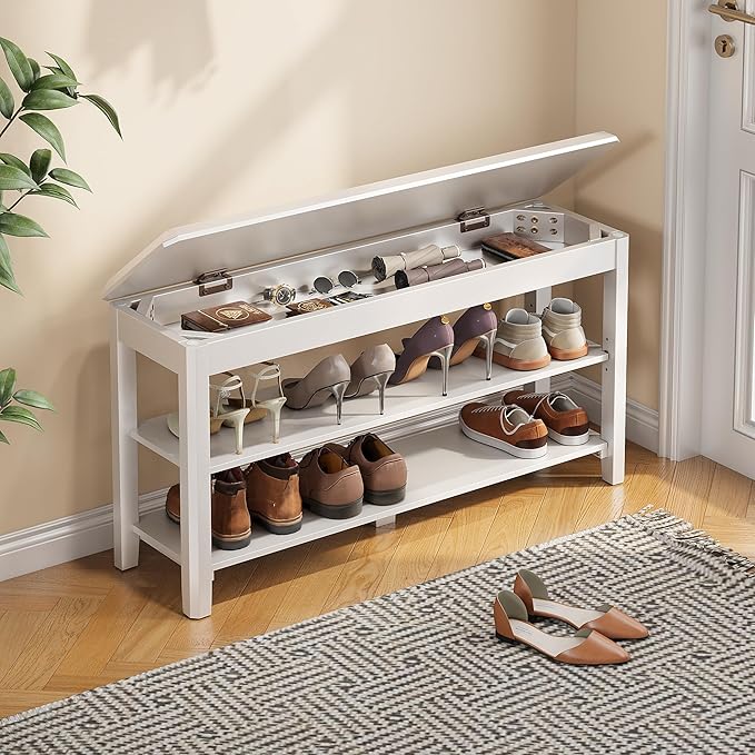 Shoe Rack Bench Seat Rubberwood 2-Tier Wooden Storage Bench 550lbs Compact Mid-Century Modern Design for Entryway, Hallway, Closet, Front Door Entrance, Foyer