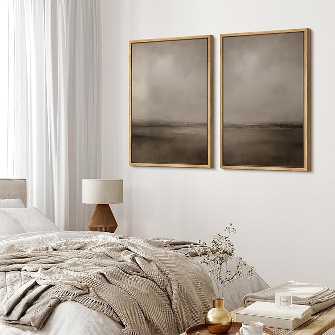 MUDECOR Framed Canvas Print Wall Art Abstract Brown and Taupe Modern Minimalist Misty Landscape Illustrations Modern Art Decorative Bohemian for Living Room, Bedroom, Office - 16"x24"x2 Natural