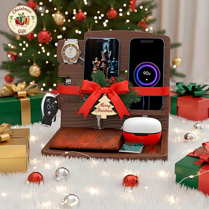 MED Wood Phone Docking Station – Nightstand Desk Organizer for Phone, Watch, Wallet & Tablet – Gift for Men, Husband, Dad & Women – Wooden Charging Stand (Dark Walnut, Model 1)