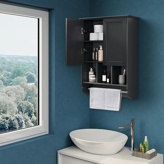 Bathroom Wall Cabinet with Towel Bar,Wooden Medicine Cabinet Adjustable Shelves,23x32 Inch Kitchen Cabinet,Over Toilet Storage Cabinet for Bathroom,Kitchen,Laundry