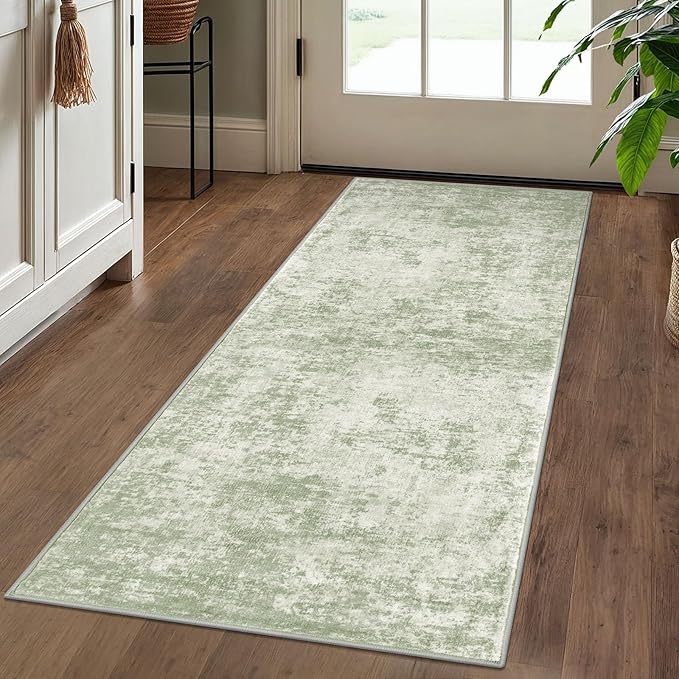 Modern Abstract Runner Rug 2x5, Sage Green Grey Washable Kitchen Runner Entryway Rug Mat Non-Slip Soft Hallway Rug Runner Thin Print Faux Wool Carpet for Bedroom Laundry Room Indoor