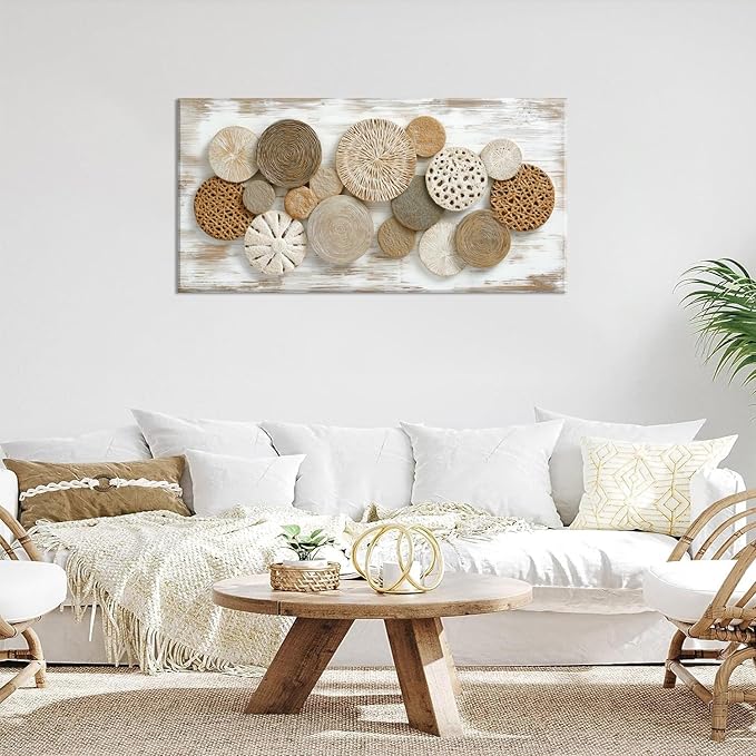 Brown Rattan Plates Canvas Wall Art for Living Room Painting Prints Beautiful Geometric Radial Geometry White Modern Artwork Office Bedroom Girls Decor Extra Large