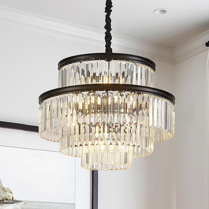 21.6" 14-Light Modern Crystal Chandelier Light Fixtures 4-Tier Black Luxury Chandeliers for Dining Room Round Hanging Pendant Lighting for Living Room Kitchen Entryway Bedroom Foyer Hallway