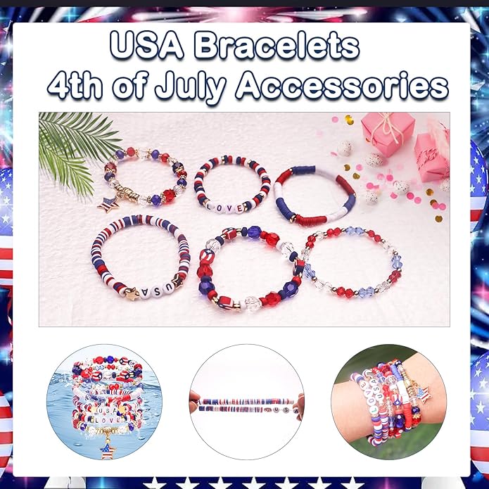 Independence Day Gifts for Women Men Teens Red White Blue Clay Beaded Stackable Stretch Bracelets USA Patriotic Jewelry 4th of July Accessories