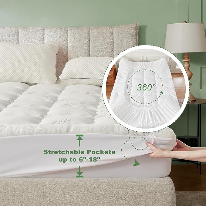 BEDLORE RV Queen Mattress Topper Viscose Derived from Bamboo,Pillow Top Mattress Pad with Stretchable Pockets for 6-18 inches Mattress, Soft Breathable Mattress Topper for Back Pain Relief