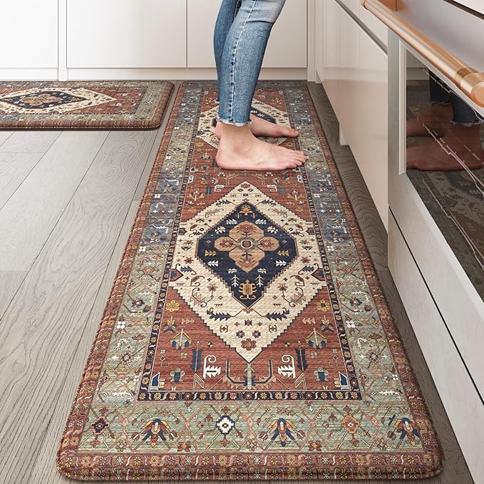 KIMODE Anti Fatigue Kitchen Mats,Boho Vintage Kitchen Rugs Sets of 2,Non Slip Waterproof Kitchen Floor Mats,Ergonomic Cushioned Comfort Standing Mat for Laundry,Office,Sink,Desk, Red