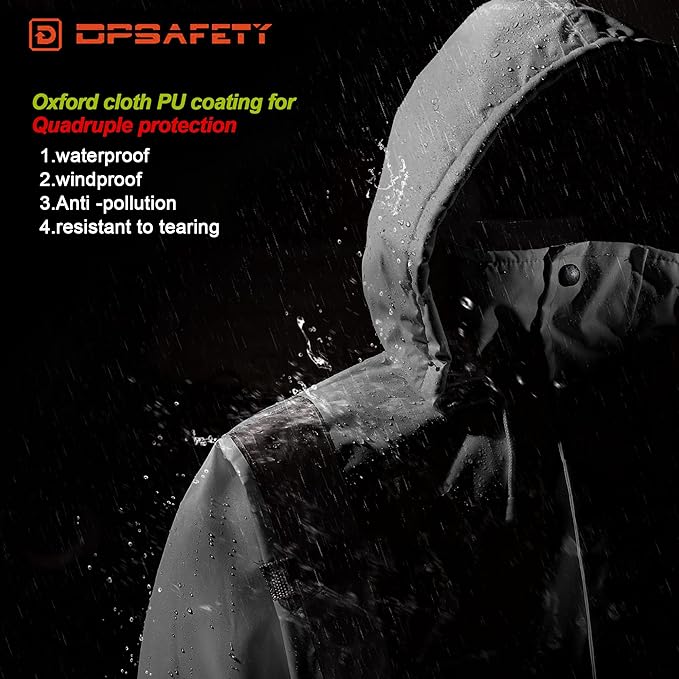 Reflective Jacket, High Visibility Parka, Waterproof Hi Vis, Safety Jacket with Removable Hood and Zipper, ANSI Class 3 (Black,5XL)