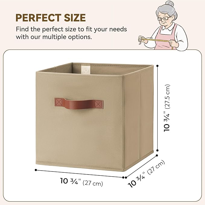 GRANNY SAYS Cube Storage Bins, 11 Inch Cube Storage Organizer with PU Handle, Fabric Storage Bins, Storage Cubes for Shelves, Closet, Khaki, 6-Pack
