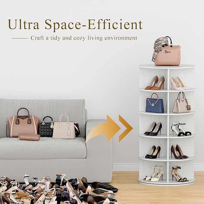 Wooden Rotating Shoe Rack, 5 Tier Spinning Shoe Rack Tower for Closet, Storage Organizer for Entryway, Bedroom, Living Room (Embossed White, 5 Tier)
