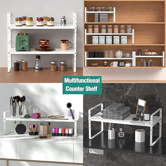 Expandable Cabinet Shelf Organizer Rack, Stackable Kitchen Counter Storage Shelves Stand, Adjustable Height Pantry Shelf Spice Rack, Heavy Duty Nonslip White Large 3Pack