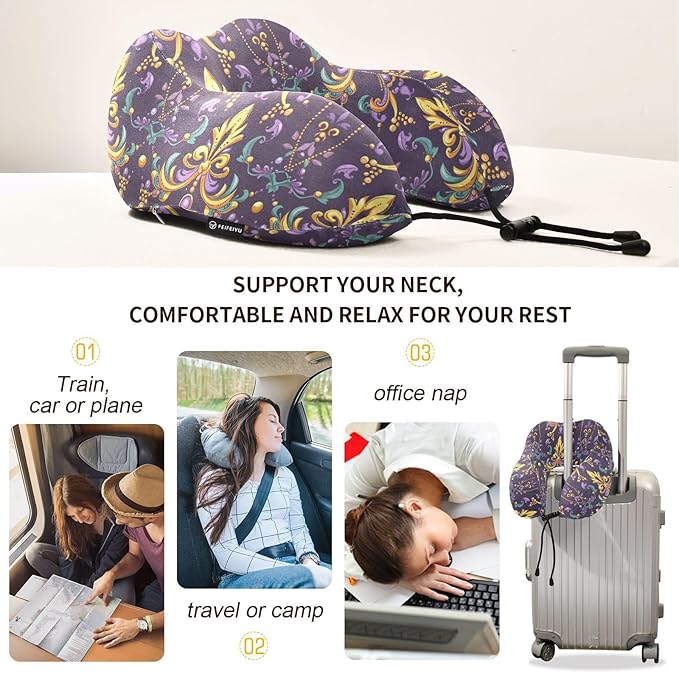 Travel Pillow for Neck Head, Mardi Gras Fleur De Lis Beads Memory Foam Padding Sleeping Airplane Trains Cars Camping Office