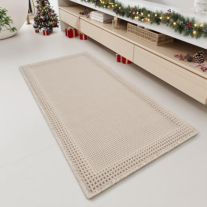 RESARE Waffle Bathroom Runner Rugs, Super Absorbent Bath Mat Non Slip Washable Quick Dry, Upgraded Ultra Soft Boho Bath Rugs with Tassels for Hallway Bedroom Laundry Room, 2'x4'(24"x48"), Pale Beige