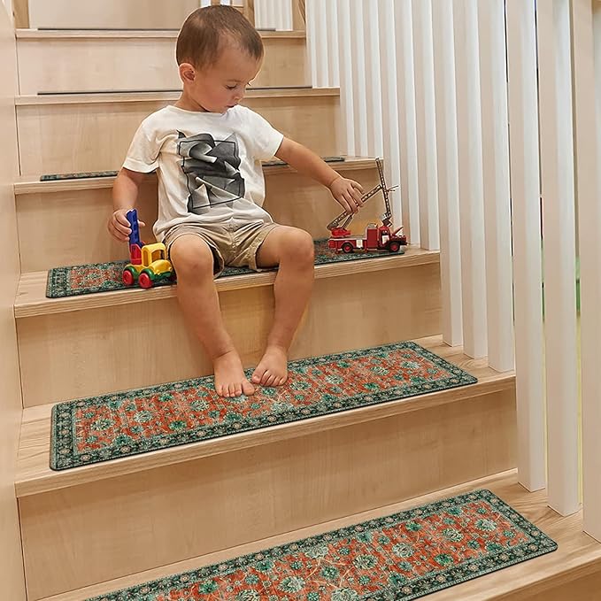 OJIA Vintage Stair Treads Non-Slip Stair Runners for Wooden Steps Indoor 15PCS 30"x8" Carpet Stair Treads Stair Mats Staircase Step Treads for Kids, Elders and Dogs, Stair Covers, Red