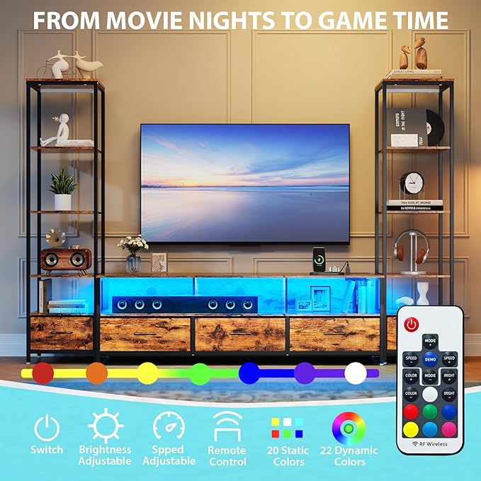 Entertainment Center with Storage, TV Stand for TVs Up to 70", with 5-Tier Bookshelf, 5 Fabric Drawers & Power Outlet, Modern LED TV Console Table, Media Center for Living Room Bedroom Home Office