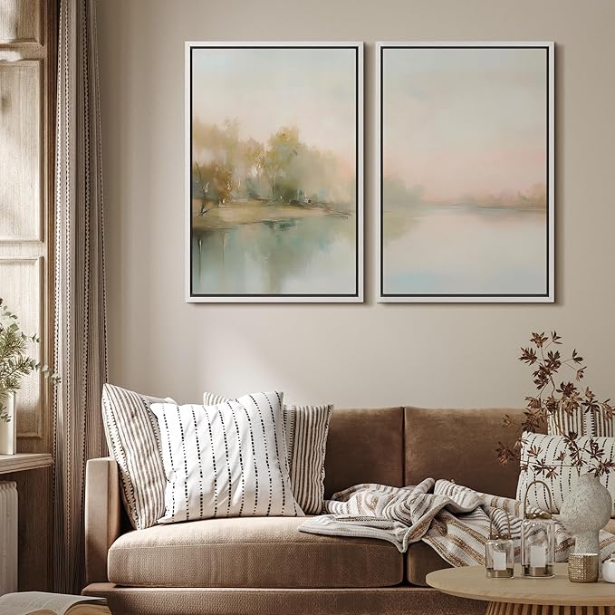 MUDECOR Framed Canvas Print Wall Art Tranquil Reflection Serene River Landscape Illustrations Modern Art Decorative Bohemian Chic for Living Room, Bedroom, Office - 16"x24"x2 White