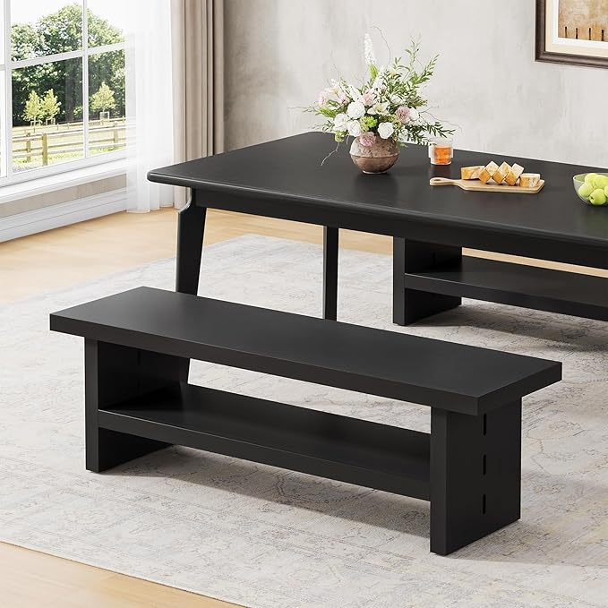 2 Tier Entryway Bench, 47.24" Shoe Bench, Rustic Shoe Rack, Wooden Storage Bench for Entryway Hallway Living Room Bedroom, Easy Assembly, Black