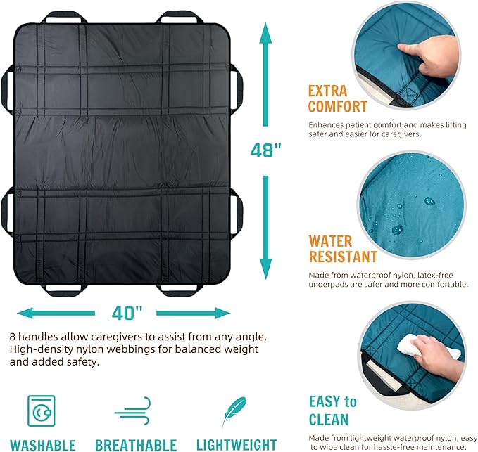 Upgraded 3-Layer Comfort Positioning Bed Pad with Handles Washable Waterproof Transfer Board for Turning Moving Patient Inconvenience Care Transfer Sheet, 48" x 40", Large, Midnight Black