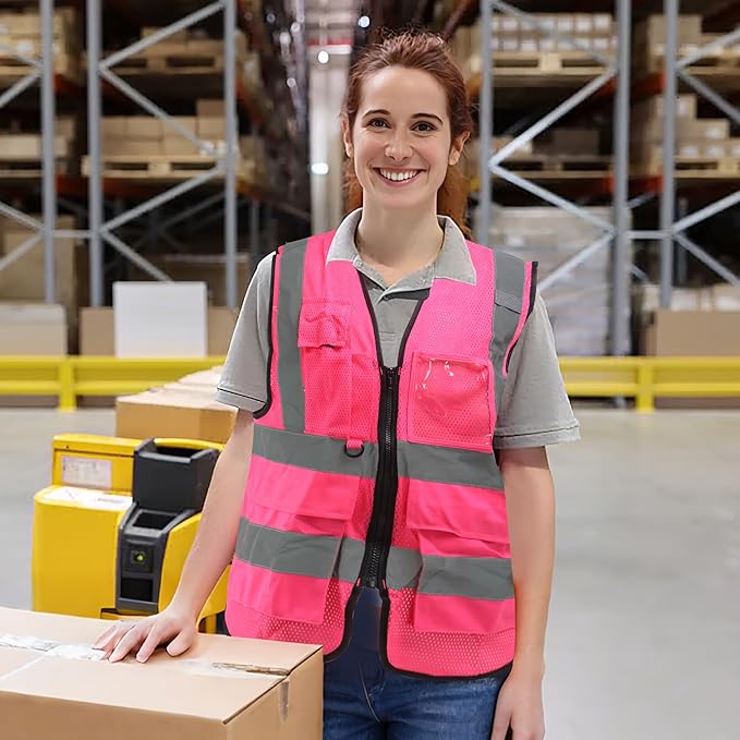 High Vis Safety Vest Reflective Strips, Multi-Pocket Design, Available in Yellow,Orange,black,Pink,blue,Red,purple