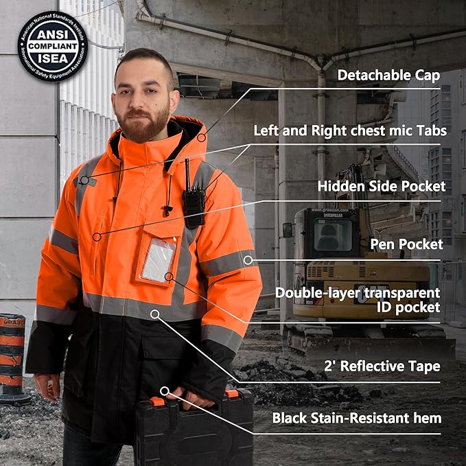 Reflective Jacket - High Visibility Waterproof Parka with Removable Hood and Zipper, Security Jacket - ANSI Class 3 (Orange,XL)
