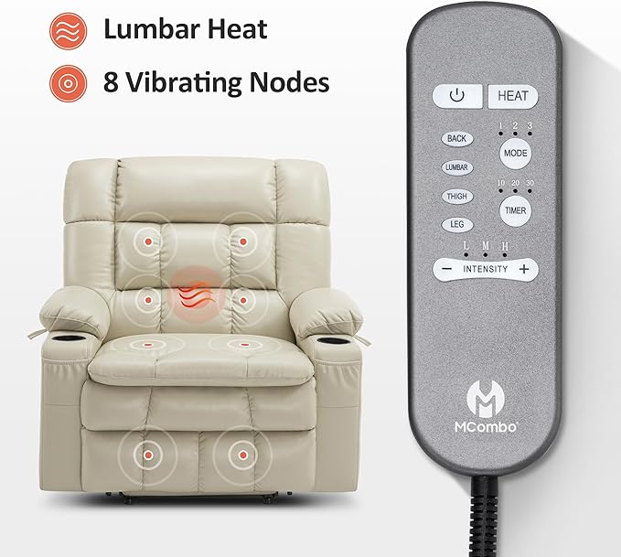 MCombo Dual Motor Power Lift Recliner Chair for Elderly, Lay Flat Lift Chair with Heat and Massage, Petite Wide Lift Chair, Cup Holders, USB A&C Ports, Faux Leather R7894 (Cream White, Small-Wide)