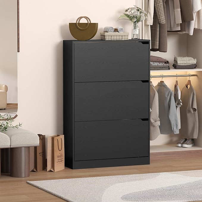 Shoe Cabinet with 3 Flip Drawers, 47" Slim Hidden Wood Shoe Storage Cabinet with Adjustable Shelf, Freestanding Narrow Shoe Rack Organizer for Entryway, Hallway, Black