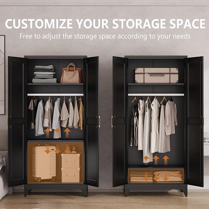 Metal Armoire Wardrobe Closet with Hanging Rod, 71" Tall Wardrobe Cabinet for Clothes, Black Clothing Storage Cabinet with Doors and Shelves, Large Wardrobes for Bedroom, Office, School, Gym