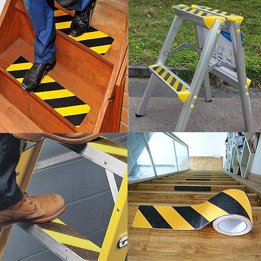 RELIANCER Anti Slip Safety Grip Tape 4inx60ft Non Skid Tread Safety Tape with High Traction Grit Yellow & Black Marking Self-Adhesive Tape Hazard Caution Warning Tape for Stairs Steps Deck