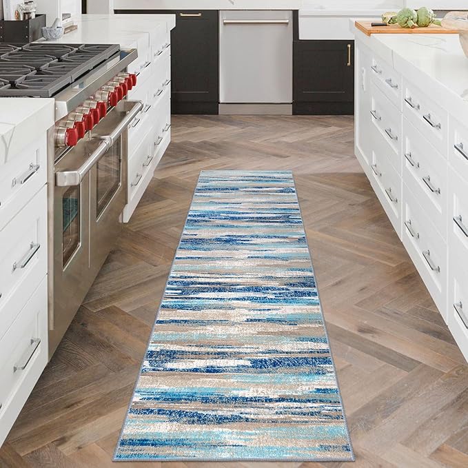 Abstract Runner Rug 2x6, Blue Washable Hallway Runner Rug Non-Slip, Soft Printed Kitchen Runner, Thin Faux Wool Runners for Hallways, Modern Floor Carpet for Entryway Bedroom Hall Indoor