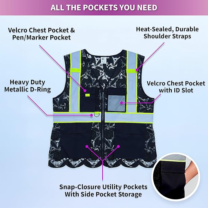 Lace-Mesh Safety Vest for Women & Men - Breathable, High Visibility Vest with Zipper & ANSI Class 2 Reflective Strips