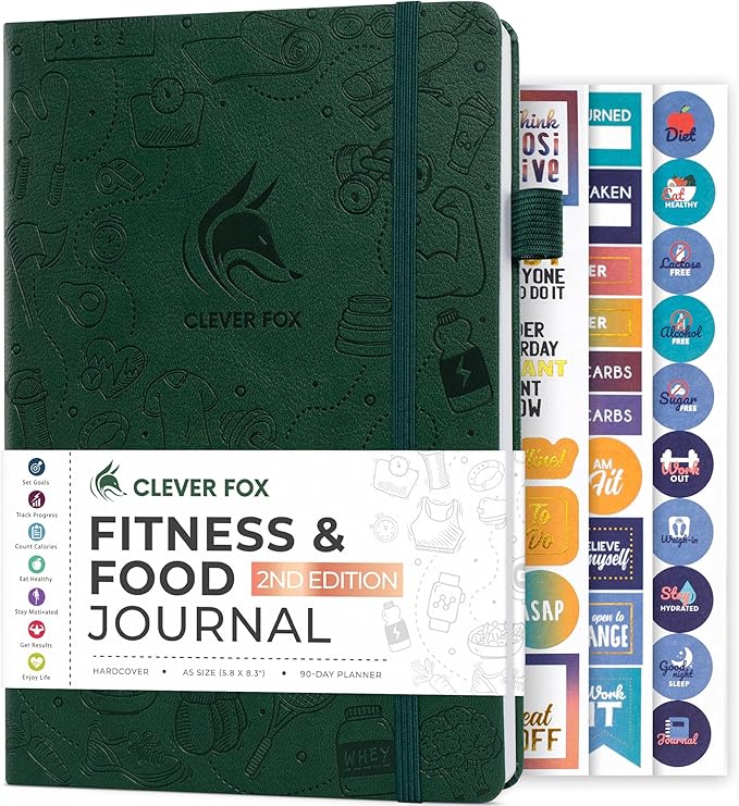 Clever Fox Fitness & Food Journal – Nutrition & Workout Planner for Women & Men – Diet & Gym Exercise Log Book with Calendars, Diet & Training Trackers - Undated, A5 Size, Hardcover (Forest Green)