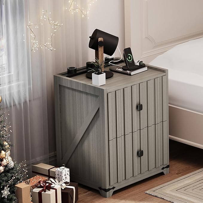Night Stand with Slidable Charging Station,Nightstands with 2 Drawers,Farmhouse EndTable and Bedside Table,Small Side Table for Bedroom（Newly Upgraded）