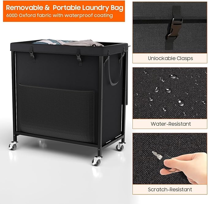 Laundry Hamper with Lid, 60 Gal Rolling Laundry Basket with Wheels, Large & Tall Dirty Clothes Hamper with Metal Frame and Removable Bag for Bedroom Aesthetic, Laundry Room, Bathroom, Dorm-Black