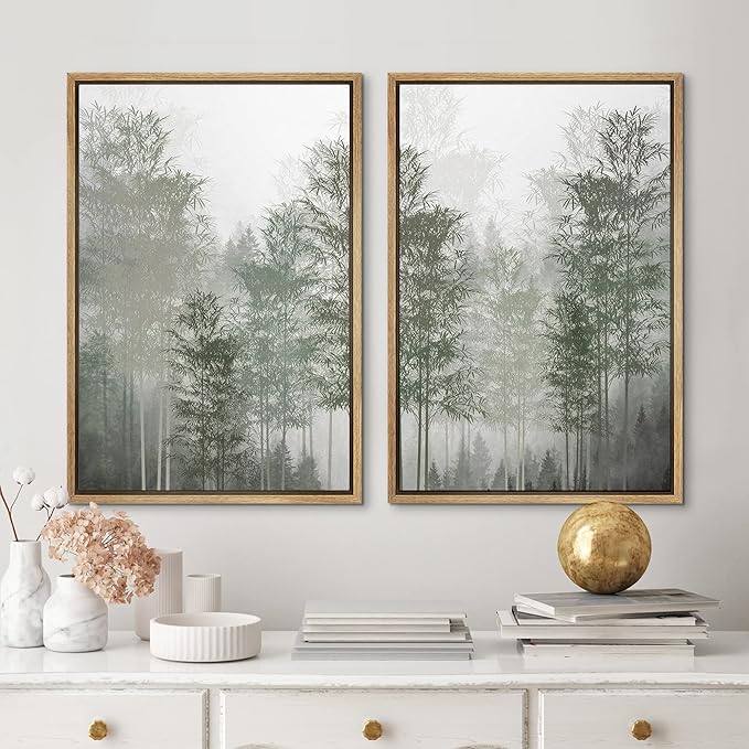 MUDECOR Framed Canvas Print Wall Art Pastel Watercolor Misty Fog Forest Tree Wilderness Nature Illustrations Modern Art Decorative Calm/Relax Multicolor Rustic Minimal for Bedroom - 24"x36"x2 Natural