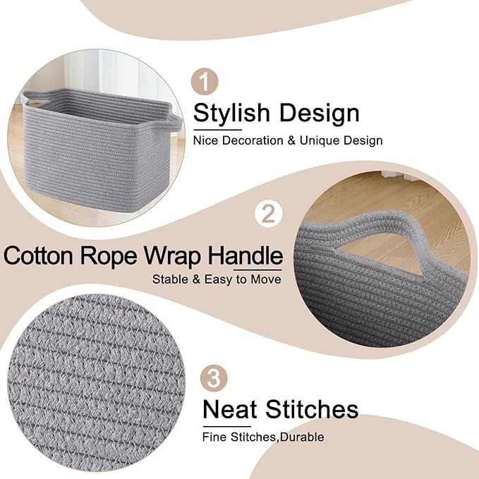 OIAHOMY Woven Storage Basket for Shelves, Rectangle Cotton Rope Baskets for Organizing, 13 x 10 x 9 in, Storage Bins for Dog Toys,Towel,Books,Gift,Grey