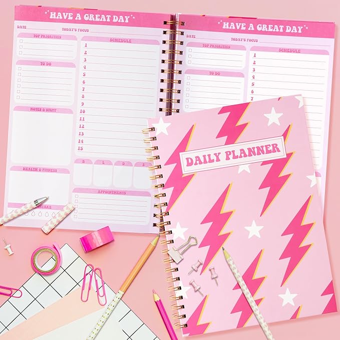 CNhoqc A4 Lightning Planner Notebook - Pink Preppy Lightning A4 Planner Notebook Teen Girl Y2k to Do List Daily Task Checklist Time Management Notepad Agenda Gifts Student School Stationery Present