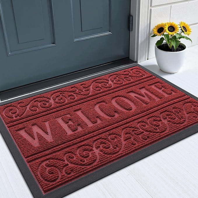 OLANLY Welcome Door Mat Indoor Outdoor Entrance, Heavy Duty Sturdy Front Door Mat, Waterproof All-Weather Doormat, Stain Resistant, Low Profile, Easy Clean Patio Entryway Mat, 29.5 x 17, Wine Red