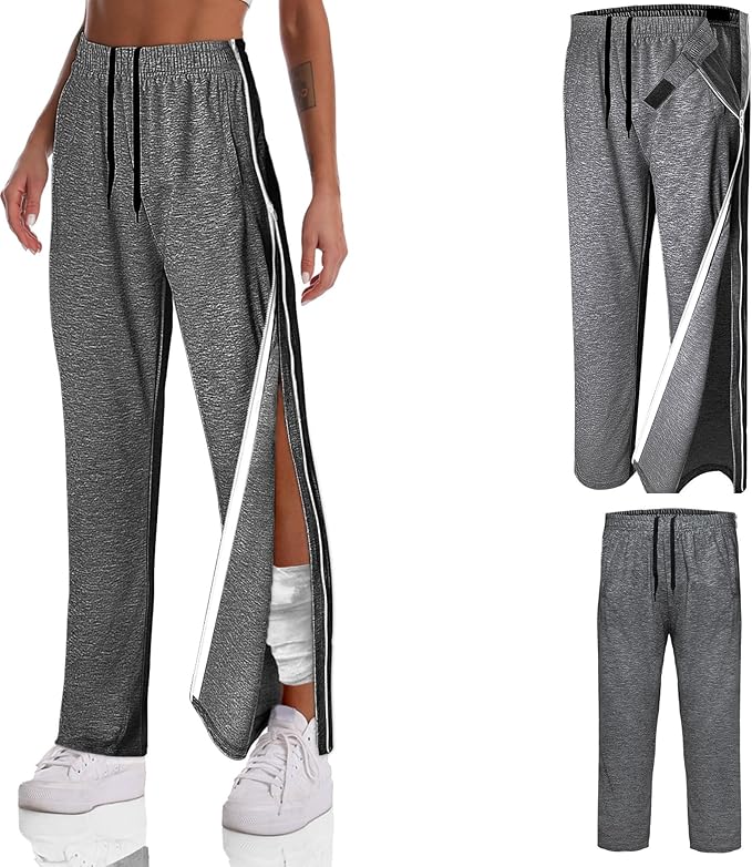 Unisex Tearaway Pants with 2 Side Zippers Snaps for Post Surgery Men Cotton Rip Off Breakaway Pant for Hip Replacement