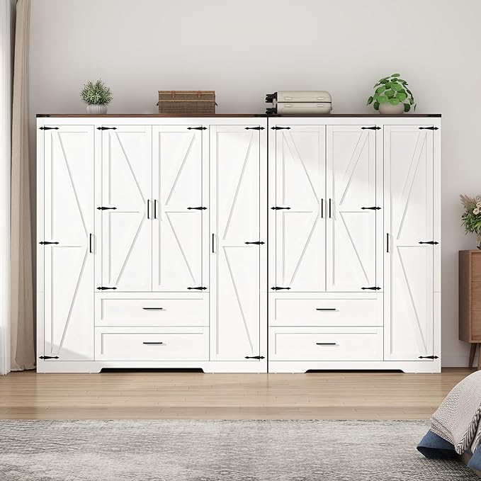 7 Doors Wardrobe Armoire Closet with Doors and Drawers, Farmhouse Wooden Armoire Storage Cabinet with Shelves & Hanging Rod for Bedroom, White