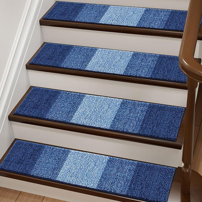 OLANLY Stair Treads Non Slip 4PCS, 8" x 30" Indoor Stair Runners for Wooden Steps, Edging Stair Rugs with Reusable Peel and Stick Adhesive for Kids Elders and Pets, Navy