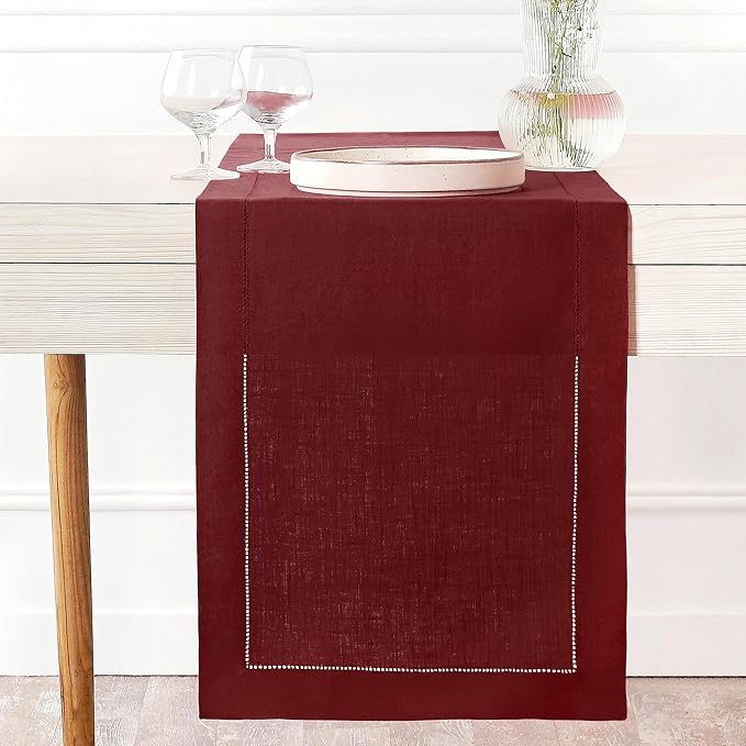 D'Moksha Homes Linen Dark Red Table Runner 90 Inches Long - Classic Hemstitch 100% Pure Linen Dining Table Runner 14 x 90 Inch for Valentines, Spring