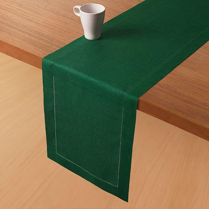 D'Moksha Homes Linen Forest Green Table Runner 60 Inches - Classic Hemstitch, 100% Pure Linen Coffee Table Runner 14 x 60 Inch Ideal for Dresser Tables - St Patricks Day, Easter