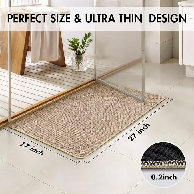 MIULEE Set of 2 Ultra Thin Bathroom Rugs, Rubber Bath Mats for Bathroom Non Slip, Quick Dry Absorbent Bath Rug Machine Washable, Fit Under Door, Shower, Sink, Home Decor, Beige, 17x27 Inch